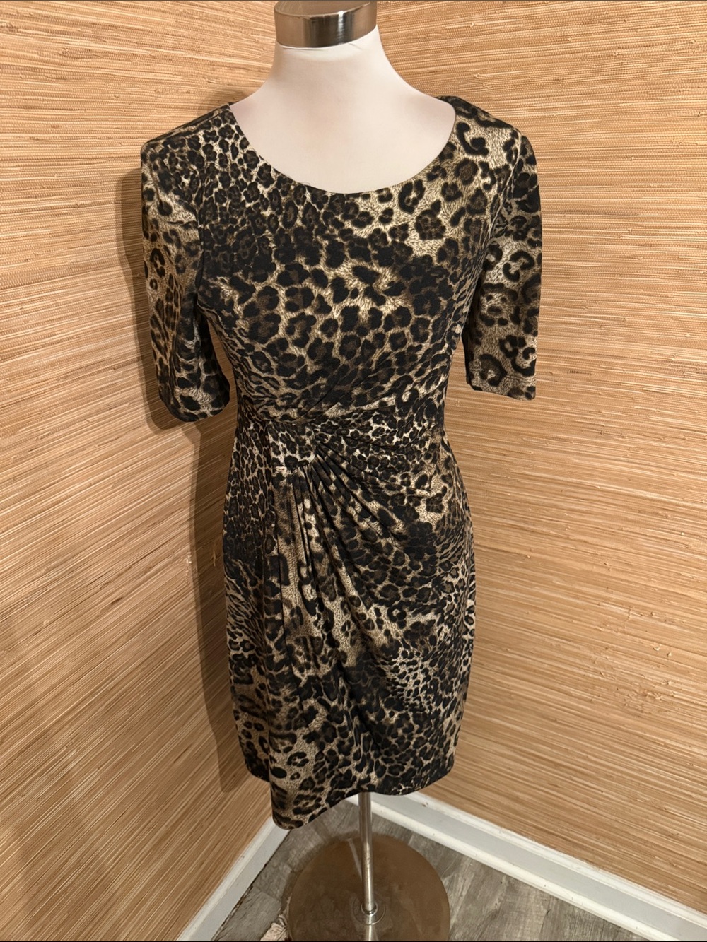 connected apparel Leopard Print Ruched Sheath Dress - Black & Tan